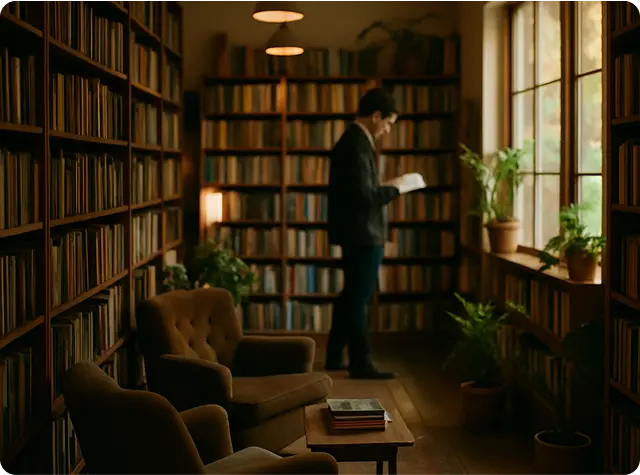 A cozy independent bookstore interior with wooden bookshelves