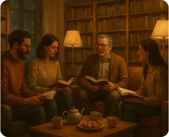 Book club meeting discussing 'The Midnight Library' by Matt Haig